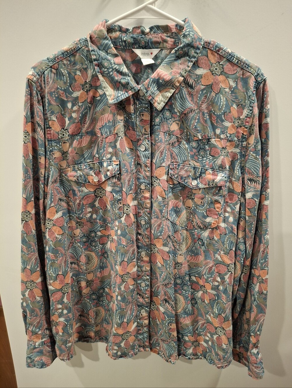 intro. Floral Button-Down Shirt in Teal and Pink